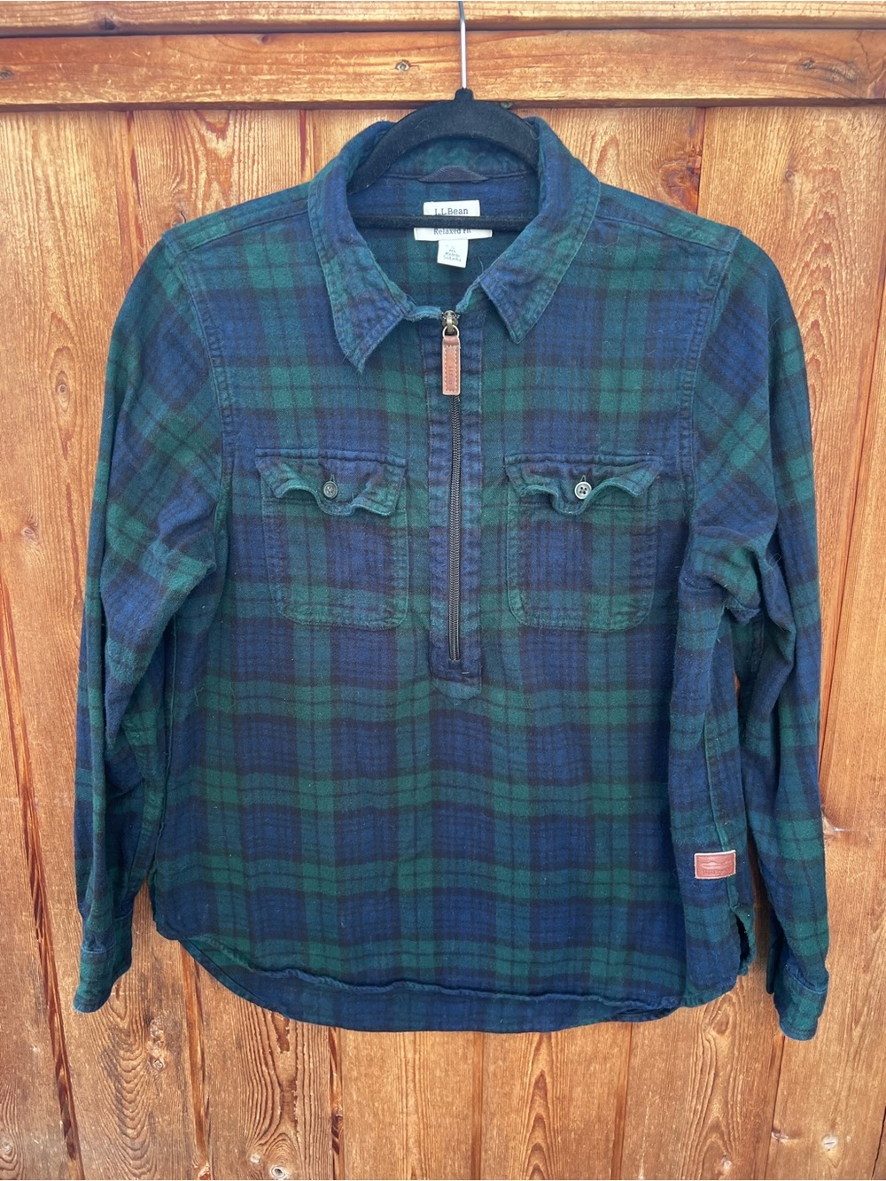 LL Bean Relaxed Fit Scotch Plaid Flannel Quarter Zip Shirt Size Small